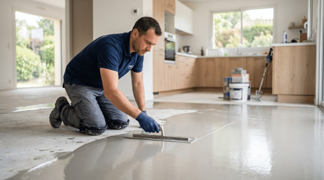 Artisan appliquant un ragréage de sol dans un intérieur moderne